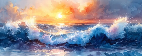 Abstract ocean waves with sunlight reflections in watercolor.