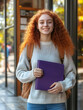 © VicPhoto - chica joven pelirroja Estudiante sonriente con cuaderno morada en la universidad