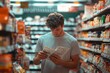© Natalia - A man standing in a grocery store aisle reading through a coupon booklet, carefully considering his shopping options surrounded by shelves full of products, representing budgeting concept