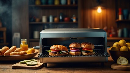 New modern grill maker accompanied by sandwiches and various ingredients, all arranged on a wooden table
