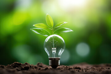 Renewable energy concept with green leaves in lightbulb