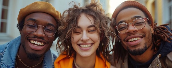 A group of friends laughing together, caught in a moment of joy and camaraderie against a white backdrop.