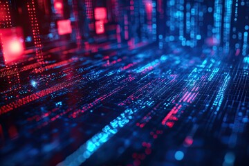 Wall Mural - vibrant digital data stream with glowing particles in red and blue tones, creating a futuristic tech