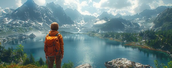 A child with an adventurous spirit, hiking on a rugged mountain trail with a backpack and exploring breathtaking vistas of towering peaks and alpine lakes against a white backdrop.