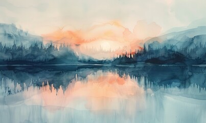 Wall Mural - Watercolor abstract twilight reflections on white.