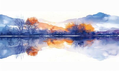 Wall Mural - Watercolor abstract twilight reflections on white.