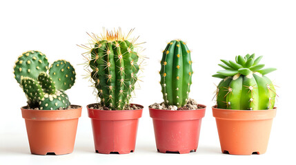 Collection of cactuses in a pot, over white background ,Green succulents and cacti in pots on light background
