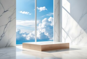 A wooden podium on a white marble platform in a minimalist room with a large window revealing a bright blue sky and fluffy clouds outside, casting soft shadows on the marble.