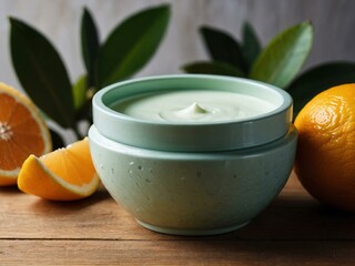 Wall Mural - Close-up of citrus body lotion in a bowl on wood, with space for text or design.