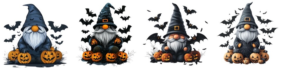 Wall Mural - A whimsical illustration of gnomes with pumpkins and bats, perfect for Halloween-themed designs and seasonal decorations.