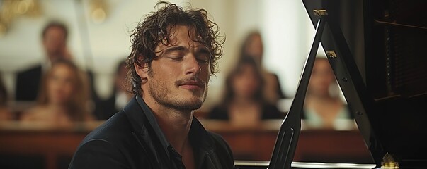 A musician playing a grand piano with closed eyes and a passionate expression, lost in the music against a white studio backdrop.