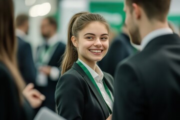 Wall Mural - A business professional exchanges ideas with a peer at a corporate event, forming connections. The event’s green atmosphere promotes collaboration and relationship building.