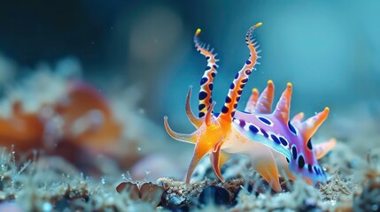 A colorful sea slug crawls across a bed of white coral.