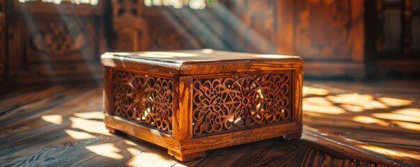 Vintage wooden pedestal with intricate carvings, illuminated by natural light.