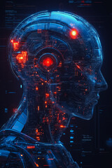 Wall Mural - A futuristic head with glowing red eyes and a glowing blue face. The head is surrounded by a blue background with a cityscape in the background. Concept of technology and artificial intelligence