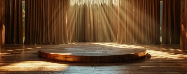 Wall Mural - Polished wooden podium with a minimalist design, spotlighted in a classic setting.