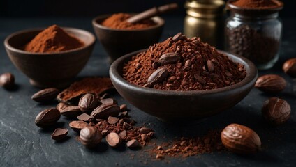 Wall Mural - Dark stone table showcases raw cocoa beans, cocoa powder, and chocolate. Room for text.