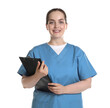 © New Africa - Smiling nurse with clipboard on white background