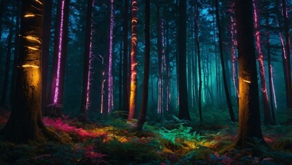 Sticker - Digital forest with dazzling lights and colors creating a mesmerizing scene.