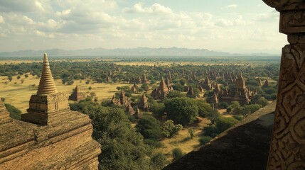 The view of the Bagan plains from the top of a temple, with countless ancient structures stretching out to the horizon.