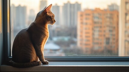 Wall Mural - A cat gazes out a window at a city skyline during sunset.