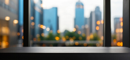 The empty black wooden table top with blur background of office building. For product display