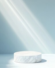 Aufkleber - Minimalist Marble Podium on Pastel Blue Gradient Background with Ethereal Light Beams