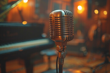 Vintage microphone in a dimly lit music venue with warm bokeh lights, grand piano in the background, perfect for karaoke, live performances, vocal concerts, and stand-up comedy