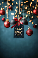 Black Friday sale sign with festive decorations, including red ornaments and sparkling lights, creating cheerful holiday atmosphere.