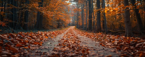 Wall Mural - Pathway through an autumn forest with fallen leaves