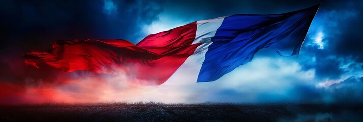 France flag under dark sky, wide-angle shot with cinematic lighting