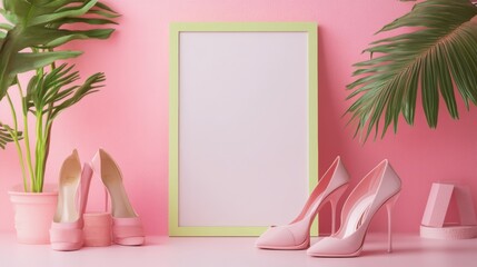 Aufkleber - Modern Fashion Mockup with Neon Green Frame and Pastel Pink Accents on Soft Pink Surface
