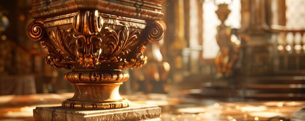 Vintage wooden pedestal with ornate details, highlighted by soft lighting.