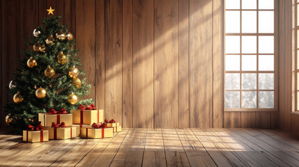 Realistic group of red gift box on the ground, christmas tree behide the red gift box, the wooden wall in the room include a spacious area suitable for overlaying text. Generative Image AI