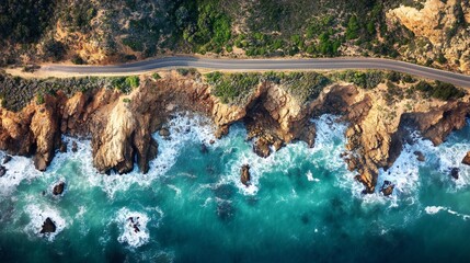 Wall Mural - aerial view of a coastal road with cliffs and the ocean, drone photo from above looking down at the coastline.