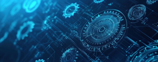 Wall Mural - futuristic blue background with digital gears and lines showcasing technology and innovation
