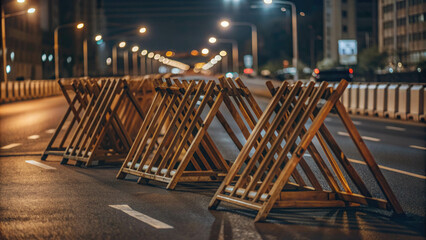 Barricades on road city street warning signs alert traffic