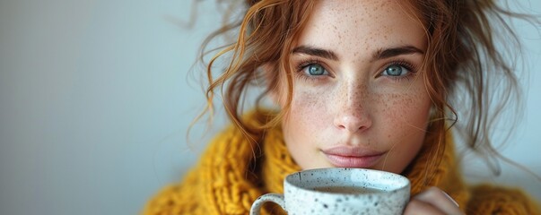 A woman with a contemplative expression, looking out a window with a cup of tea in hand, lost in thought against a plain white background. 4K hyperrealistic photo.