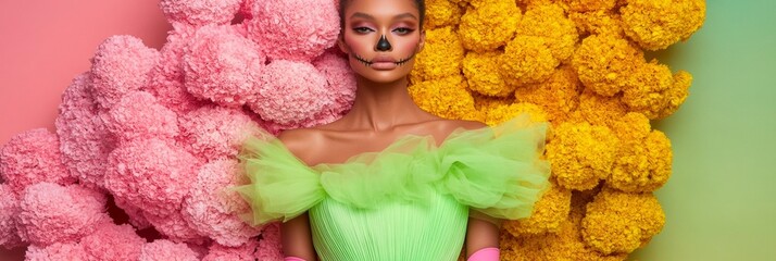 Vibrant Fashion Woman in Lime Green Dress Among Marigolds and Sugar Skull Decorations