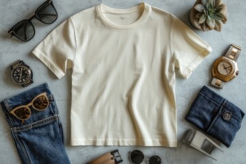 Canvas Print - Realistic white Tshirt Flat Lay Mockup created with Generative AI