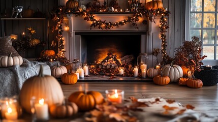 Warm autumn decor featuring pumpkins, candles, and leaves by a cozy fireplace, creating a perfect seasonal ambiance.