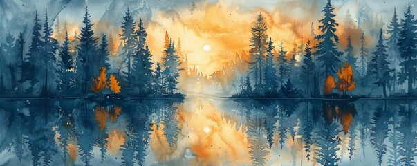 Wall Mural - Watercolor abstract evening reflections in forest with stars on white.