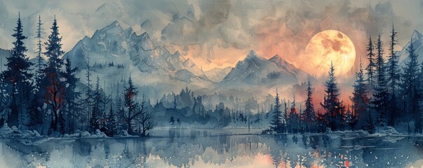 Wall Mural - Abstract snowy landscape with moonlight in watercolor on white.