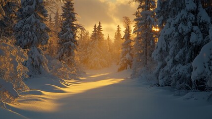 Wall Mural - A serene winter landscape with snow-covered trees and a golden sunset illuminating a peaceful path.