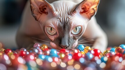 Wall Mural - A close-up of a Sphynx cat playfully exploring colorful marbles.