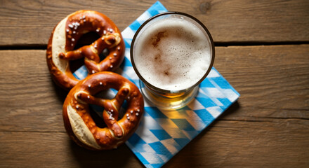 Beer and pretzels on a blue and white napkin with a rustic wooden background