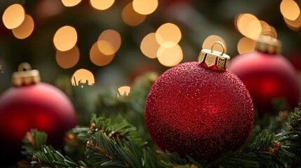 A festive close-up of a glittering red Christmas ornament nestled among green pine branches, with soft bokeh lights in the background.