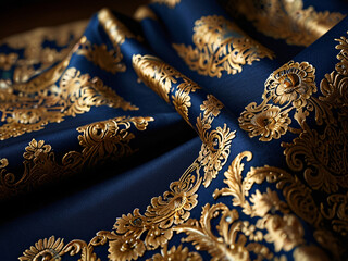 Exquisite golden and Royal Blue slik fabrics, colorful detailed cloth textiles with ornate patterns and decorations, macro close up photography