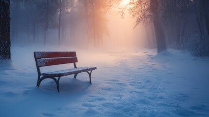 Wall Mural - A serene winter scene featuring a snow-covered bench in a foggy forest, illuminated by soft sunlight.