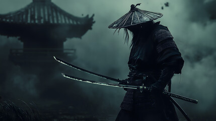 Samurai with two blades, gloomy dark background. The samurai wears full armor, is fierce and fearless. Fantasy world. AI generation